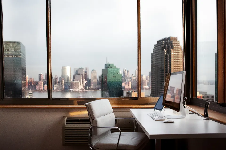 Home office with city skyline view