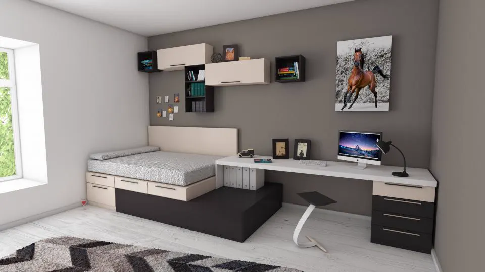 Kids bedroom with study desk and wall-mounted storage