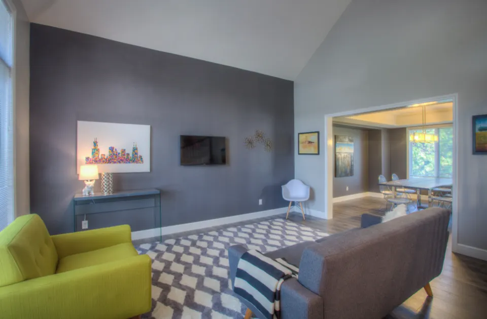 Living room with charcoal feature wall and patterned rug