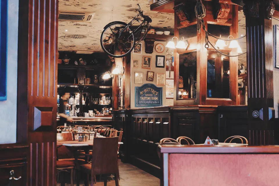 Classic restaurant interior with warm lighting and wood