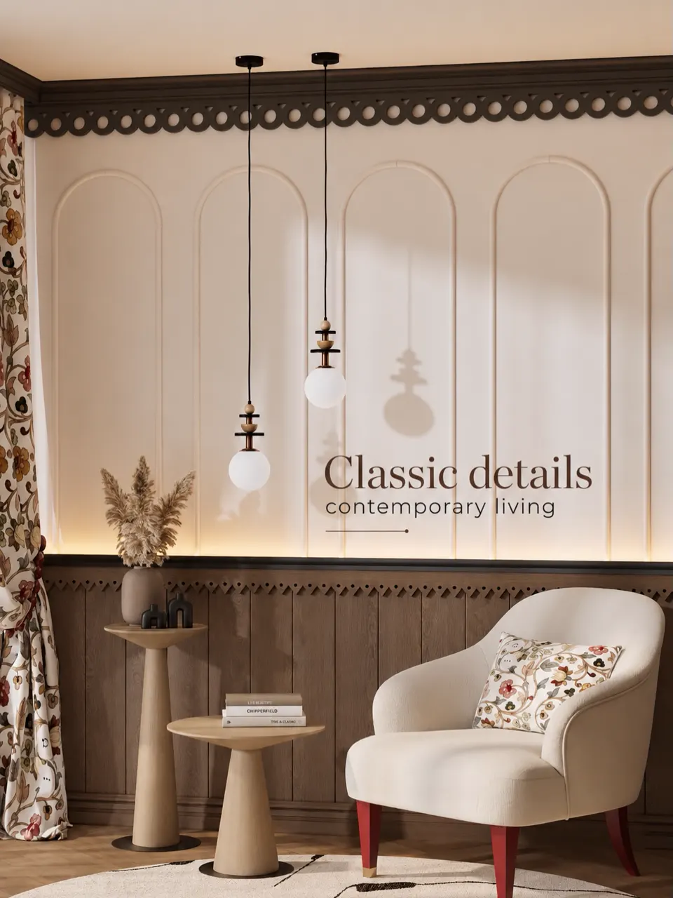 Classic contemporary living room with arched wall panels and pendant lights by Asaya Interiors