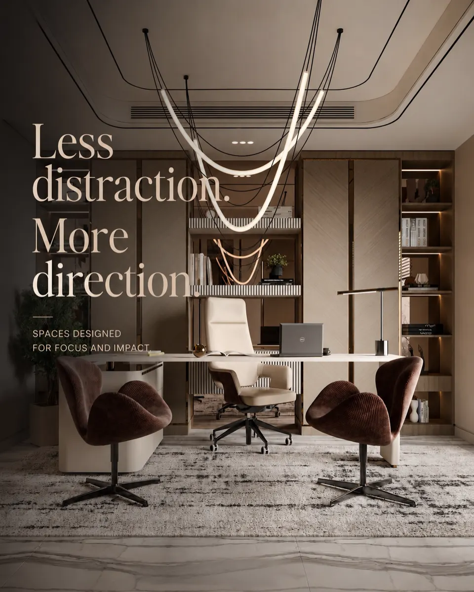 Executive office cabin interior with linear pendant light and bookshelf wall