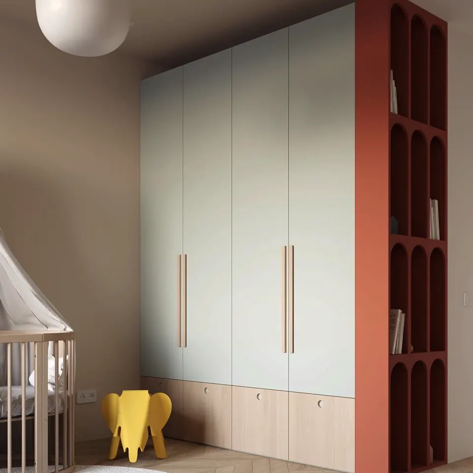 Kids room wardrobe in pastel mint with terracotta arched bookshelf