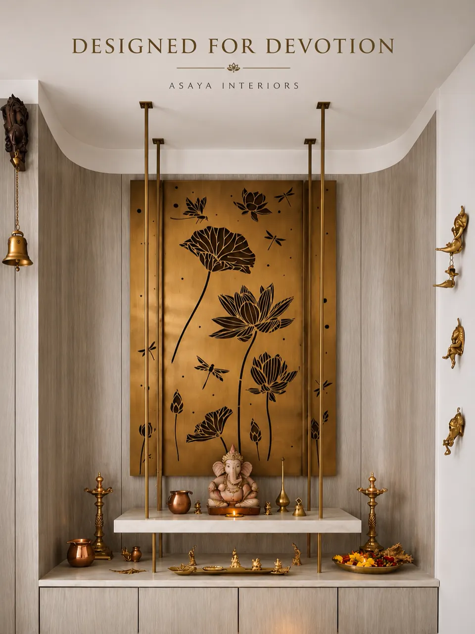 Modern pooja room design with brass lotus jaali panel and bells in Faridabad home