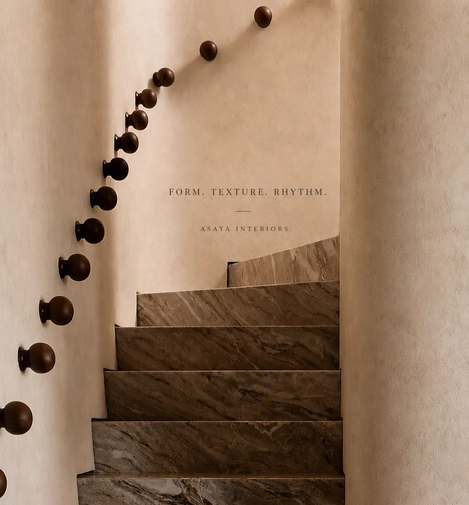 Staircase with textured wall and wooden peg detailing, form texture rhythm